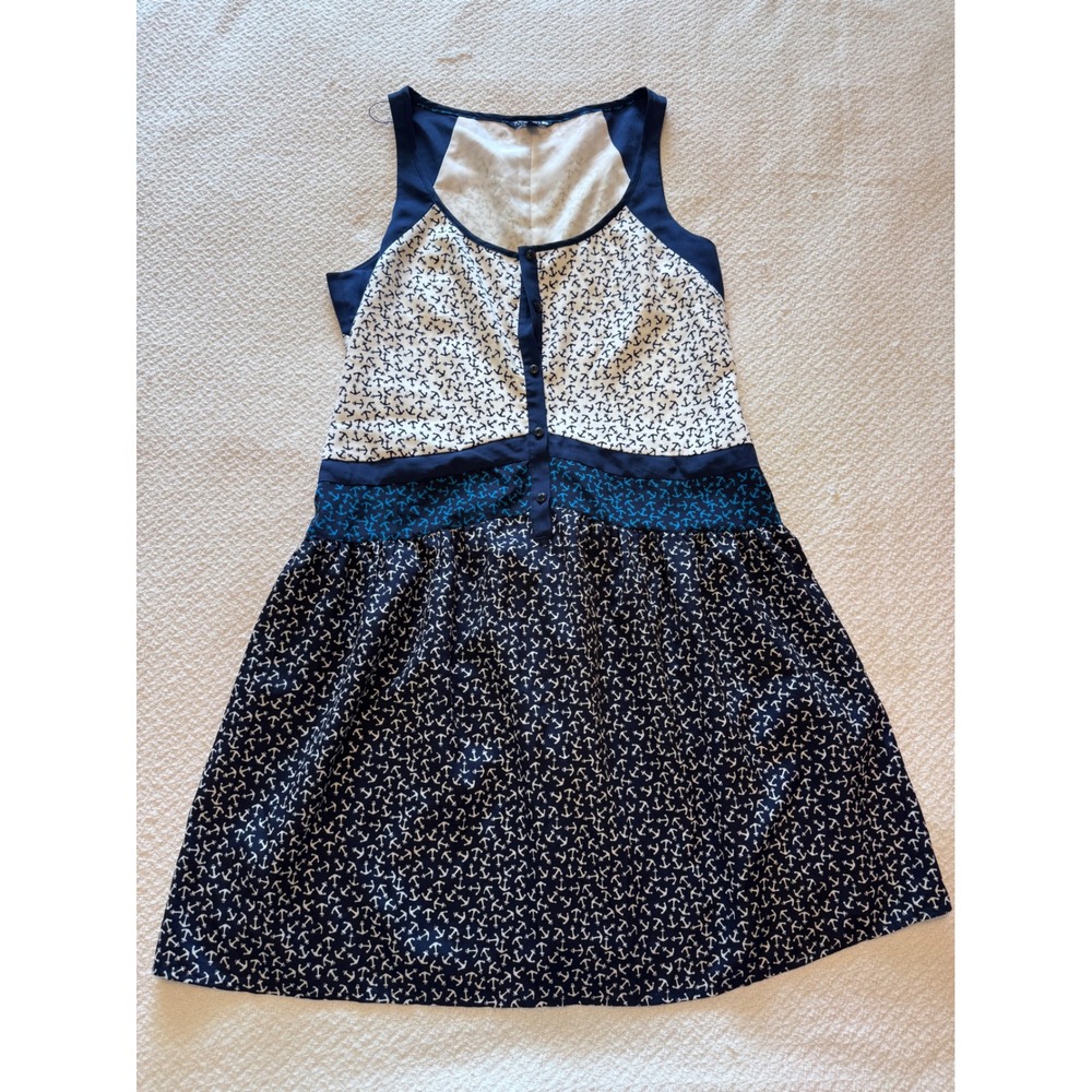 Sperry Top-Sider Womens Blue White Anchor Print Sleeveless Button Front Dress M